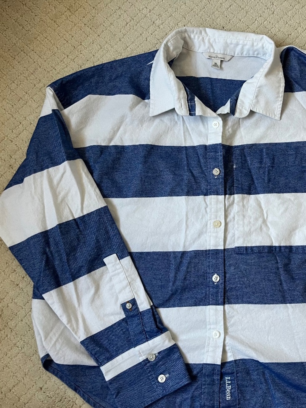 L.L. Bean Signature Boyfriend Oxford Shirt  Blue White Rugby Stripe Coastal XL